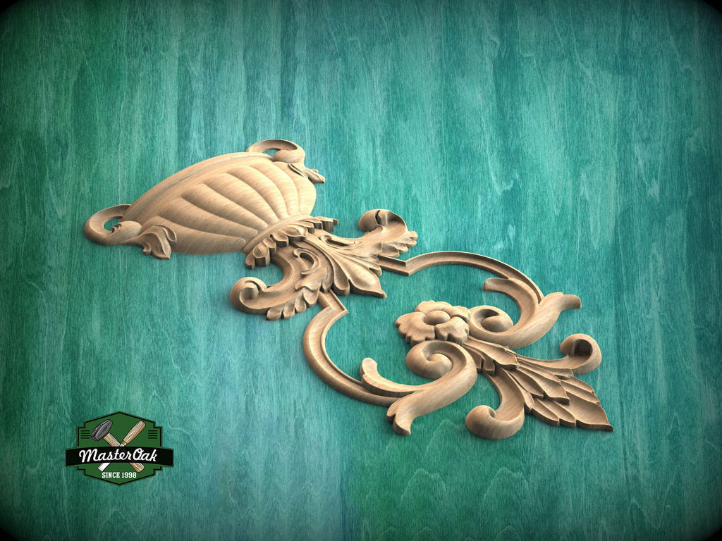 Ornamental Wooden Wall onlay with Acanthus Leaf Design, Carved Wooden Bowl, 1 piece, wood wall art decor