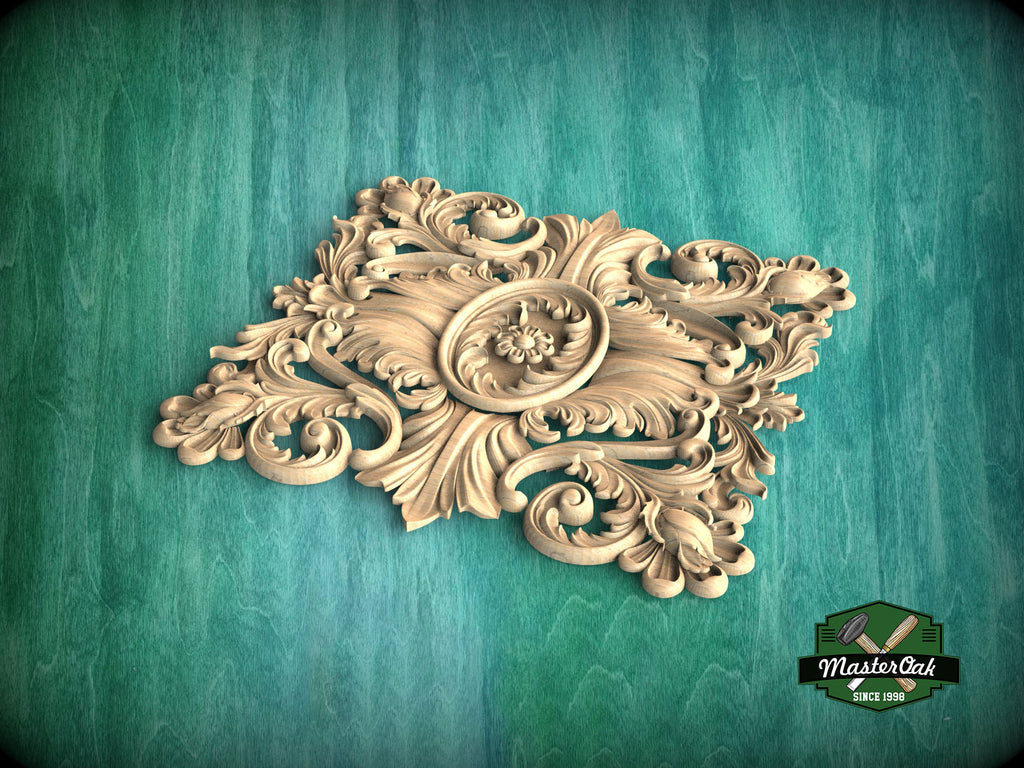 Majestic Wooden Baroque Applique with Central Symmetrical Flower, 1pc, Home Wall Embellishments, Furniture Carving, Wood Onlay, Unfinished