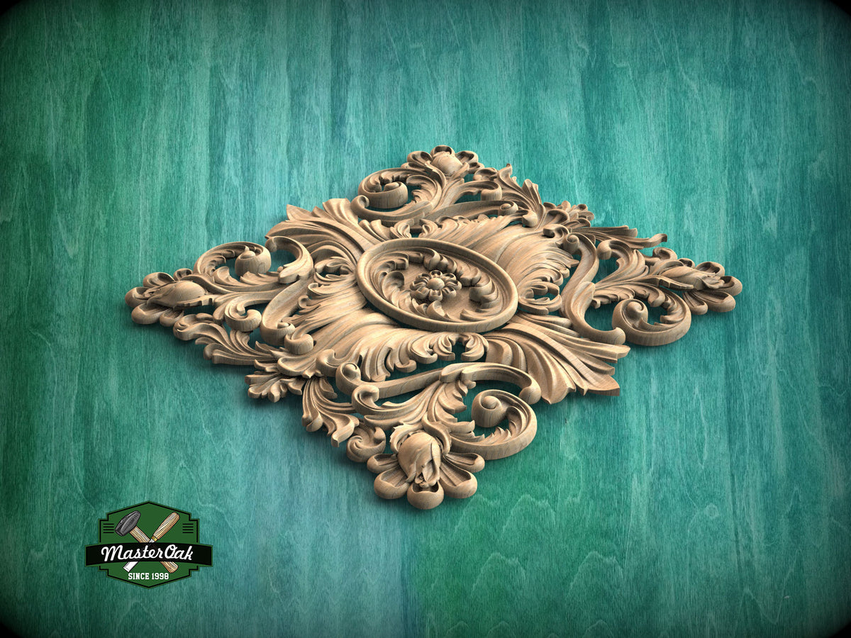 Majestic Wooden Baroque Applique with Central Symmetrical Flower, 1pc, Home Wall Embellishments, Furniture Carving, Wood Onlay, Unfinished