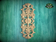 Load image into Gallery viewer, Vertical Floral Wooden Applique with Symmetrical Design, 1pc, Unfinished, Home Wall Embellishments, Furniture Carving, Wood Onlay
