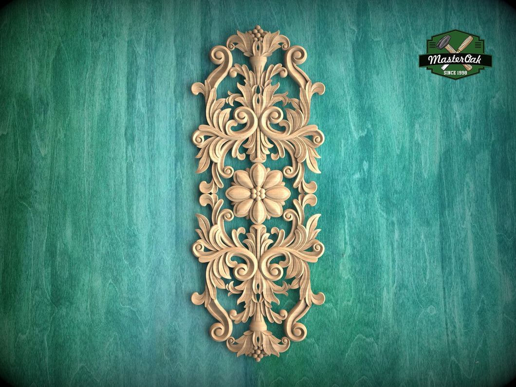 Vertical Floral Wooden Applique with Symmetrical Design, 1pc, Unfinished, Home Wall Embellishments, Furniture Carving, Wood Onlay