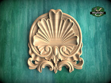 Load image into Gallery viewer, Scallop Shell Wooden Applique with Ornamental Scrolls, Wood Carved Applique Onlay, 1pc,Unpainted Home Wall Embellishments, Furniture Carving
