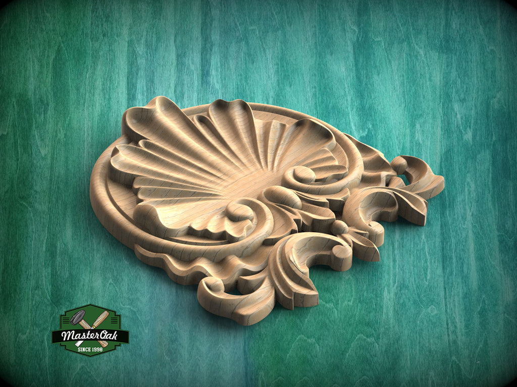 Scallop Shell Wooden Applique with Ornamental Scrolls, Wood Carved Applique Onlay, 1pc,Unpainted Home Wall Embellishments, Furniture Carving