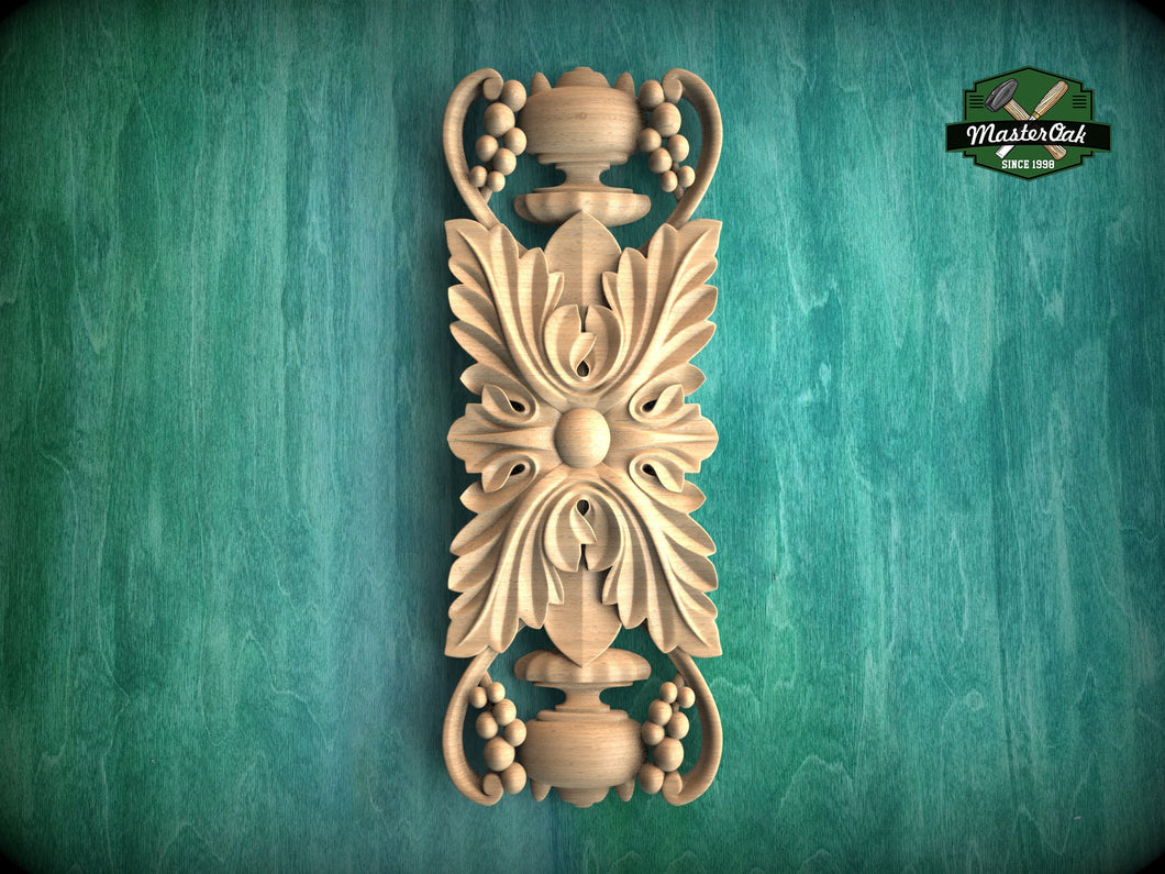 Vertical Symmetrical Acanthus Leaf Wooden Applique, 1pc, Unfinished, Home Wall Embellishments, Furniture Carving, Wood Onlay
