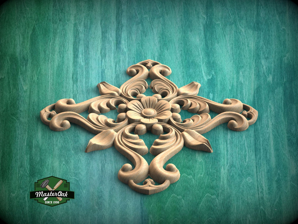 Ornate Floral Cross Wooden Applique for Elegant Decor, 1pc, Home Wall Embellishments, Furniture Carving, Wood Onlay, Unpainted