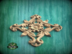 Ornate Floral Cross Wooden Applique for Elegant Decor, 1pc, Home Wall Embellishments, Furniture Carving, Wood Onlay, Unpainted