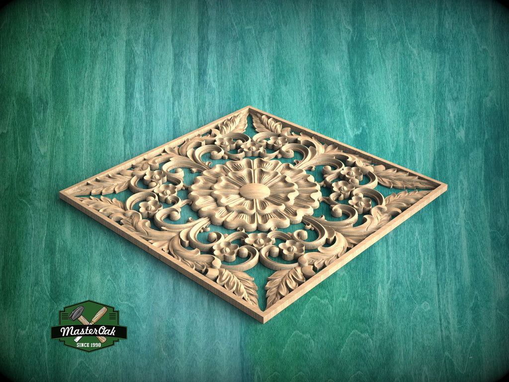 Wooden Carved Medallion with Floral Design, 1pc, Home Wall Embellishments, Furniture Carving, Wood Onlay, Unpainted