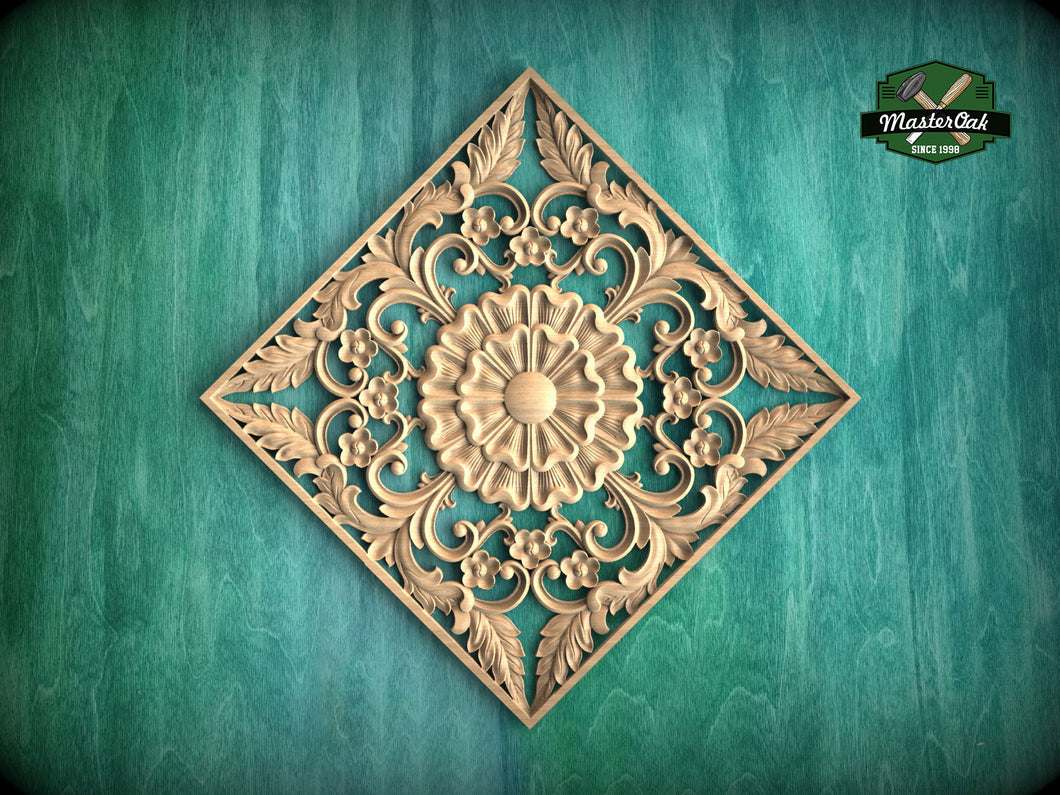 Wooden Carved Medallion with Floral Design, 1pc, Home Wall Embellishments, Furniture Carving, Wood Onlay, Unpainted