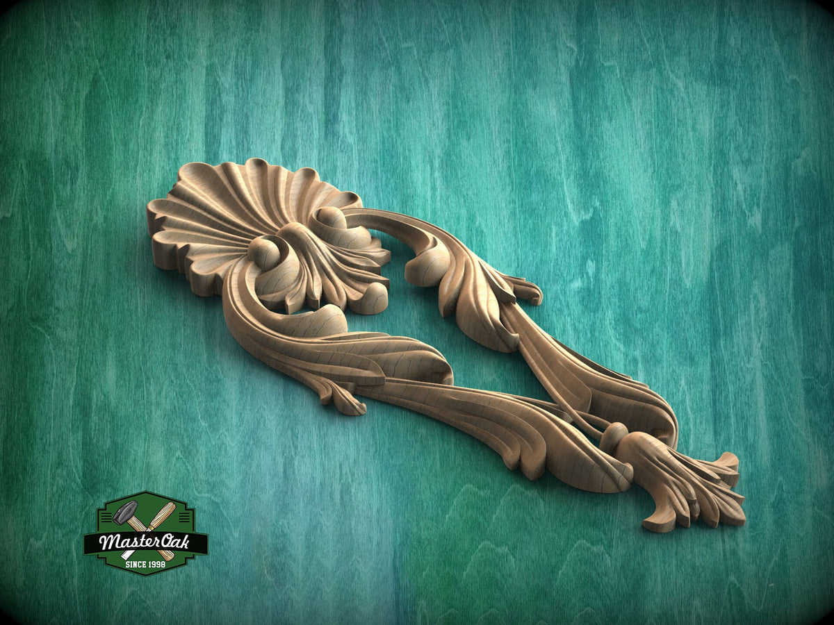 Wooden Acanthus Leaf combined into a shell shape Drop Applique for Classical Decor, Furniture Carving, Wood Onlay, 1pc, Unpainted