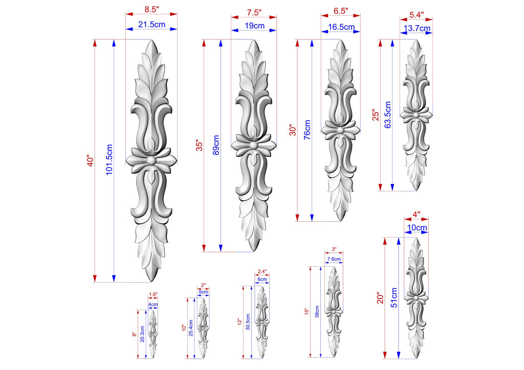 Vertical Wooden Applique with Leaf and Scroll Design, Interior decor appliques, 1pc, Unpainted, Furniture Carving, Wood Onlay