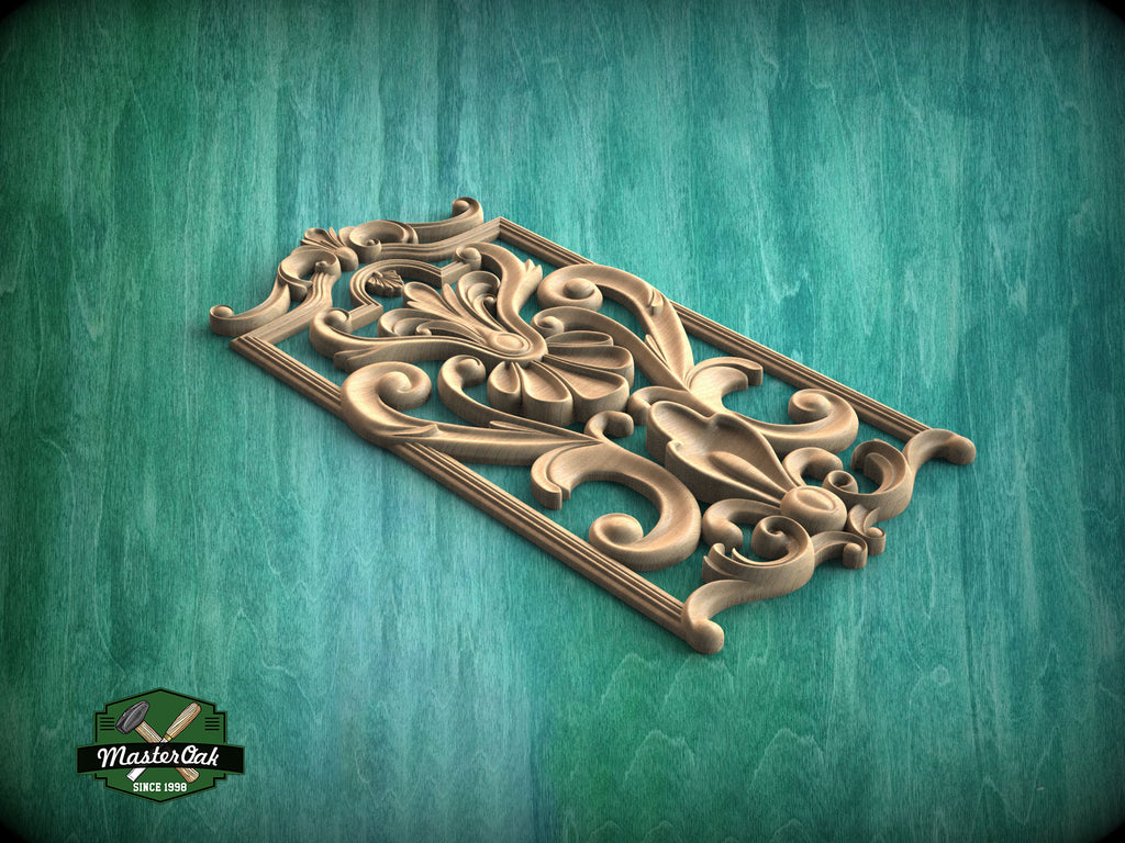 Rectangular Baroque Wooden Panel with Fleur-de-Lis Accent, Carved Wood Onlay, 1pc, Unpainted, Furniture Carving, Wood Onlay