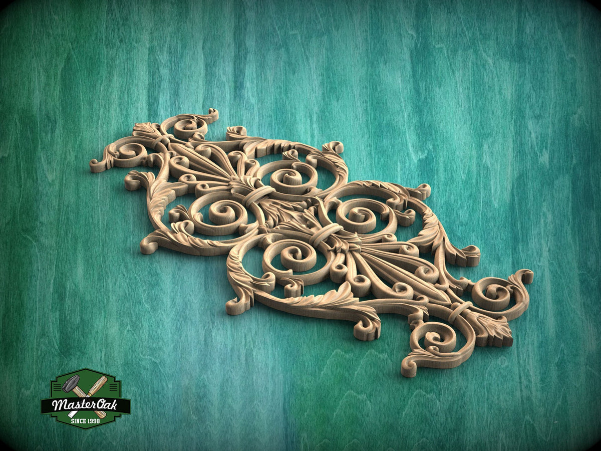 Vertical Ornate Scrollwork Wooden Applique with Central Symmetry, 1pc, Unpainted, Home Wall Embellishments, Furniture Carving, Wood Onlay