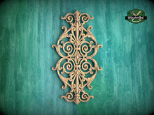 Load image into Gallery viewer, Vertical Ornate Scrollwork Wooden Applique with Central Symmetry, 1pc, Unpainted, Home Wall Embellishments, Furniture Carving, Wood Onlay
