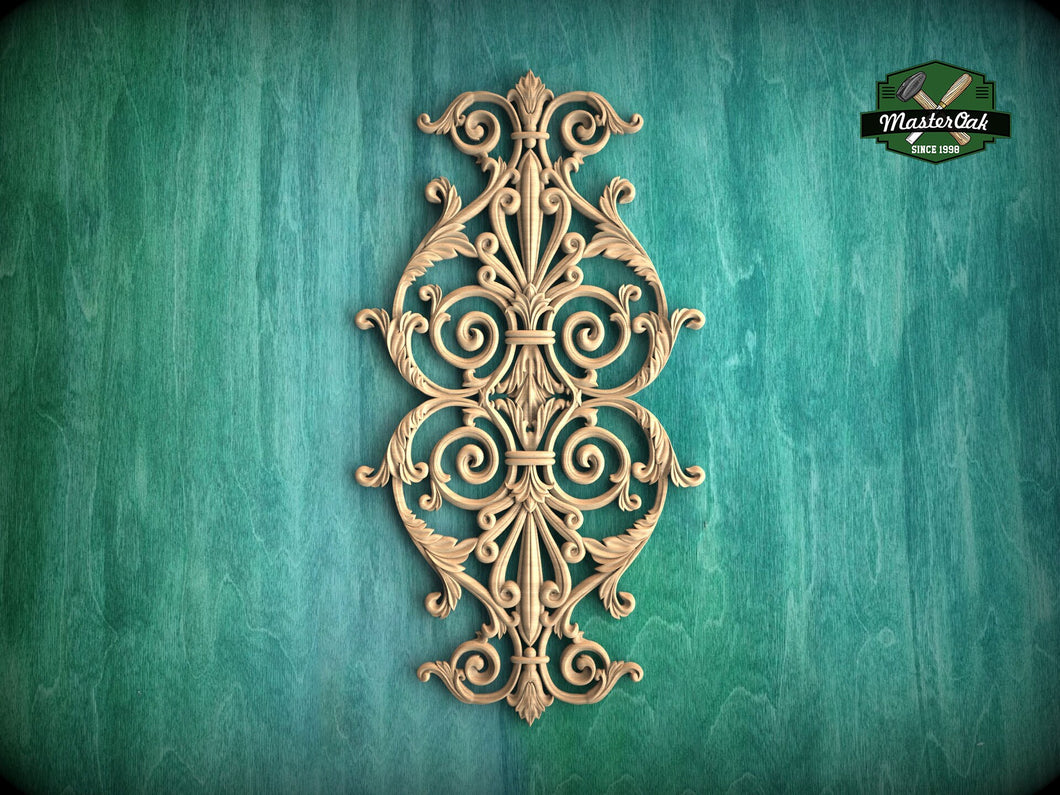 Vertical Ornate Scrollwork Wooden Applique with Central Symmetry, 1pc, Unpainted, Home Wall Embellishments, Furniture Carving, Wood Onlay