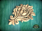Blooming Rose Wooden Applique with Leafy Accents,  1pc, Unpainted, Home Wall Embellishments, Furniture Carving, Wood Onlay