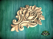 Load image into Gallery viewer, Blooming Rose Wooden Applique with Leafy Accents,  1pc, Unpainted, Home Wall Embellishments, Furniture Carving, Wood Onlay
