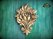 Load image into Gallery viewer, Blooming Rose Wooden Applique with Leafy Accents,  1pc, Unpainted, Home Wall Embellishments, Furniture Carving, Wood Onlay
