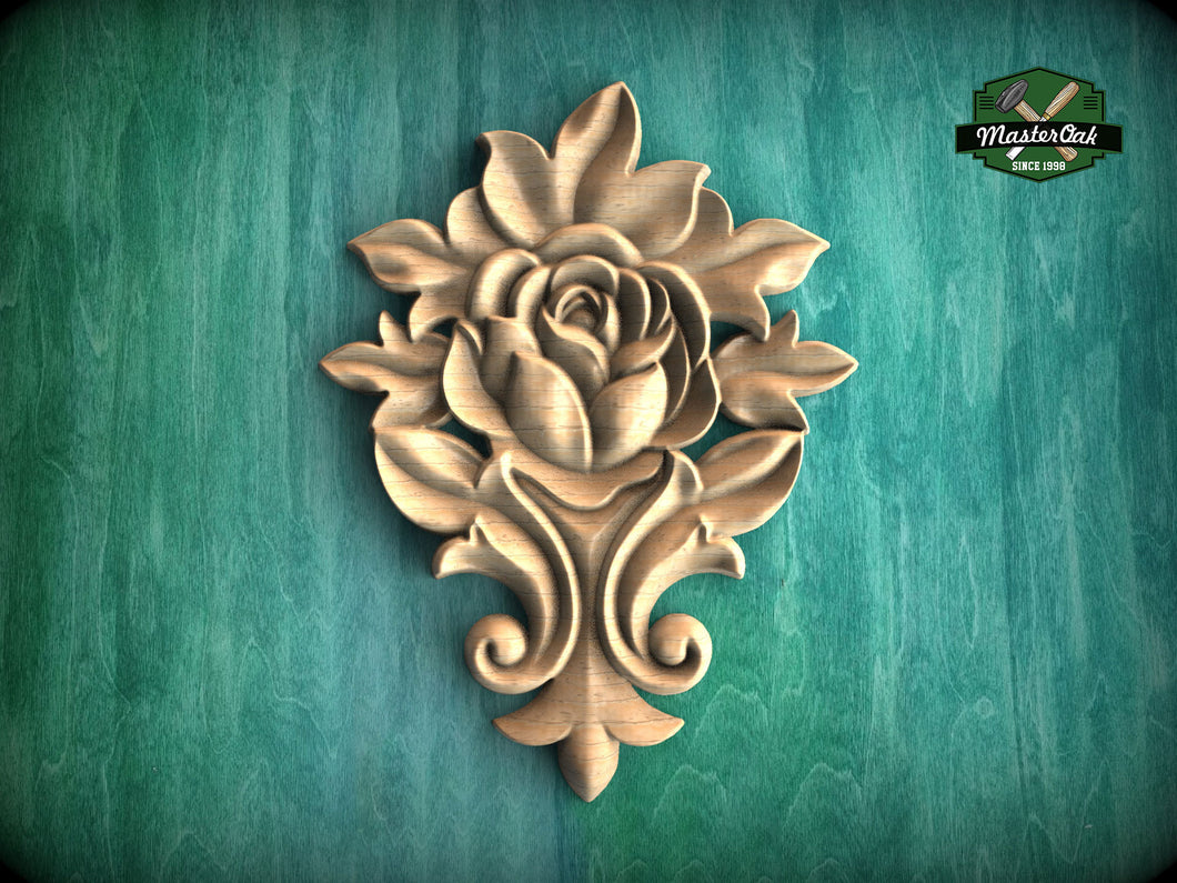 Blooming Rose Wooden Applique with Leafy Accents,  1pc, Unpainted, Home Wall Embellishments, Furniture Carving, Wood Onlay