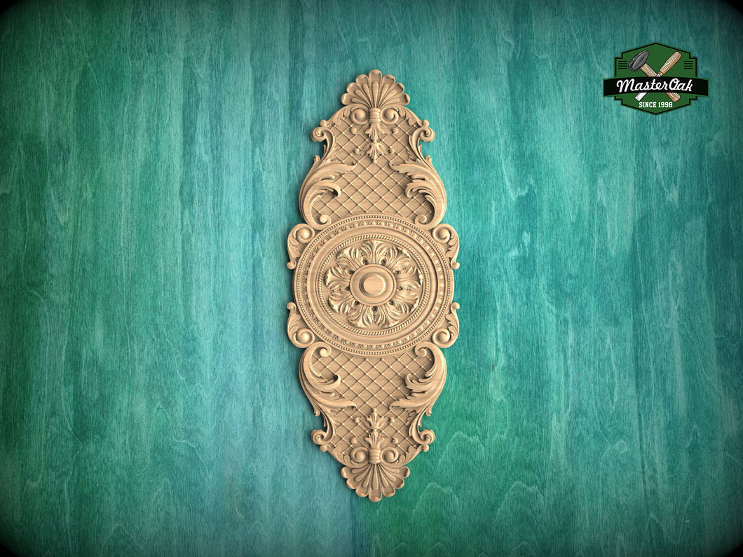 Victorian Style Wooden Onlay with Central Medallion, 1pc, Unfinished, Home Wall Embellishments, Furniture Wood Onlay