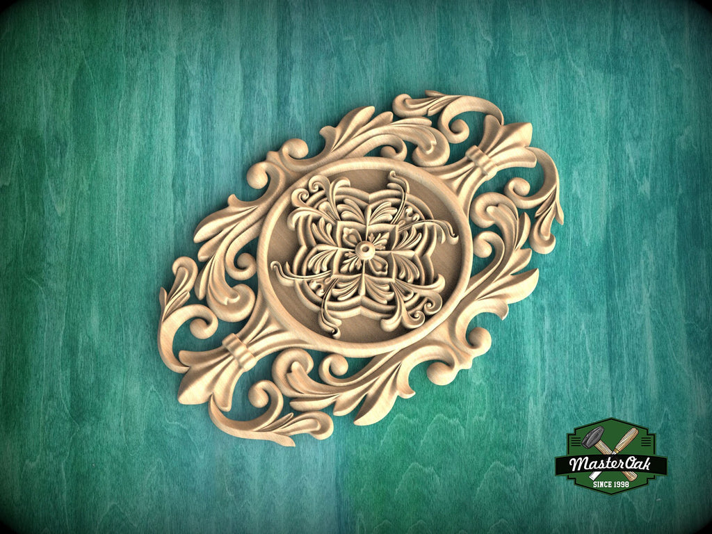 Vertical Ornate Oval Wooden Applique with Floral Centerpiece, 1pc, Unpainted, Home Wall Embellishments, Furniture Carving, Wood Onlay