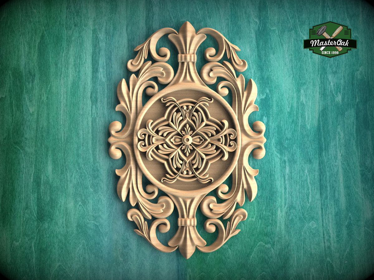 Vertical Ornate Oval Wooden Applique with Floral Centerpiece, 1pc, Unpainted, Home Wall Embellishments, Furniture Carving, Wood Onlay