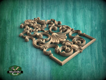 Load image into Gallery viewer, Rococo-Inspired Wooden Carved Onlay with Swirling Foliage, Carved Wood Onlay, 1pc, Unpainted, Furniture Carving, Wood Onlay

