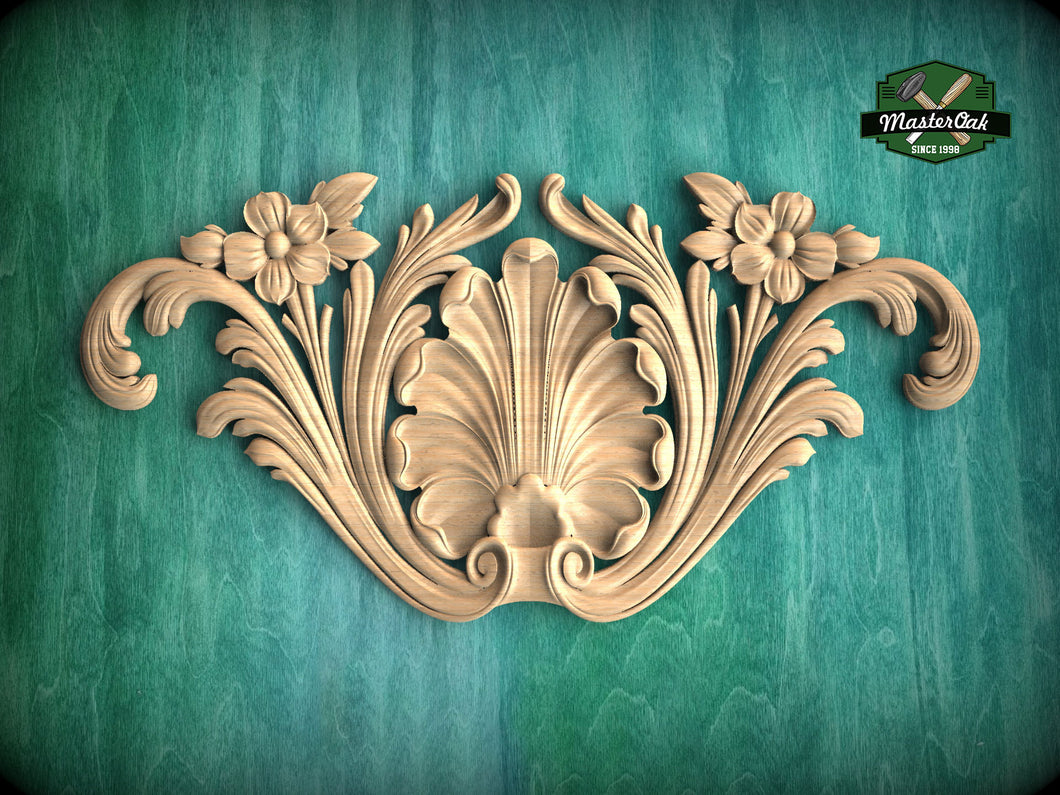 Symmetrical Shell and Floral Wood Carving Onlay, 1 pc, Unpainted, decorative wood trim