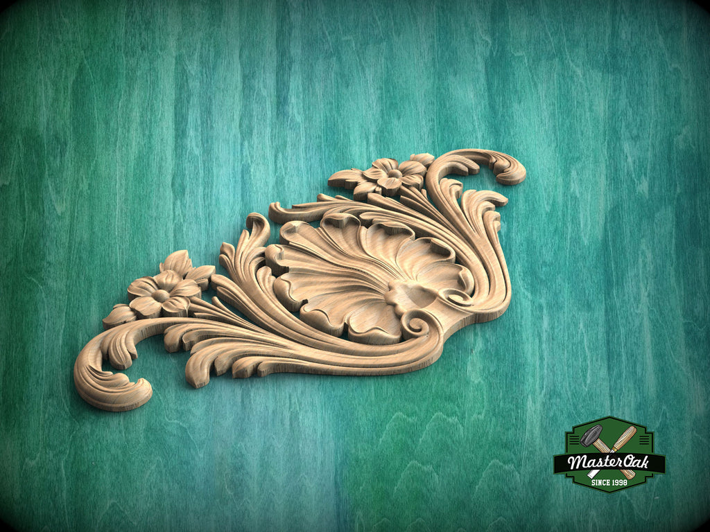 Symmetrical Shell and Floral Wood Carving Onlay, 1 pc, Unpainted, decorative wood trim