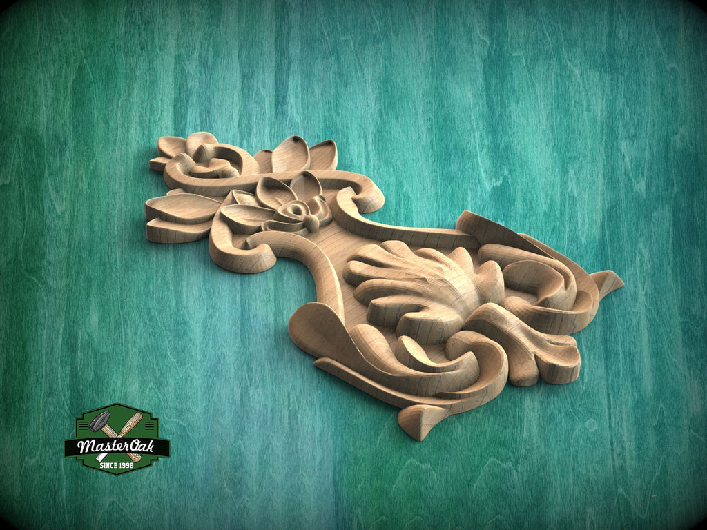 Floral Bouquet Wood Carving Onlay with Decorative Elements,  1pc, Unpainted, Home Wall Embellishments, Furniture Carving, Wood Onlay