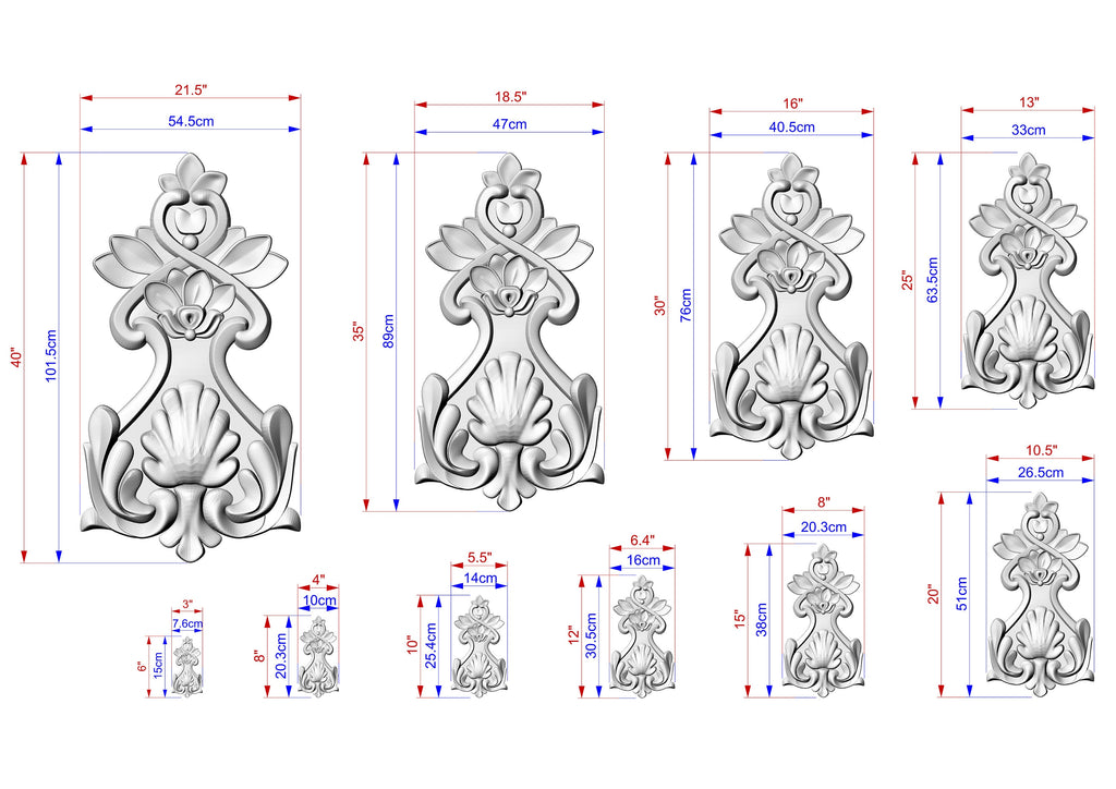 Floral Bouquet Wood Carving Onlay with Decorative Elements,  1pc, Unpainted, Home Wall Embellishments, Furniture Carving, Wood Onlay