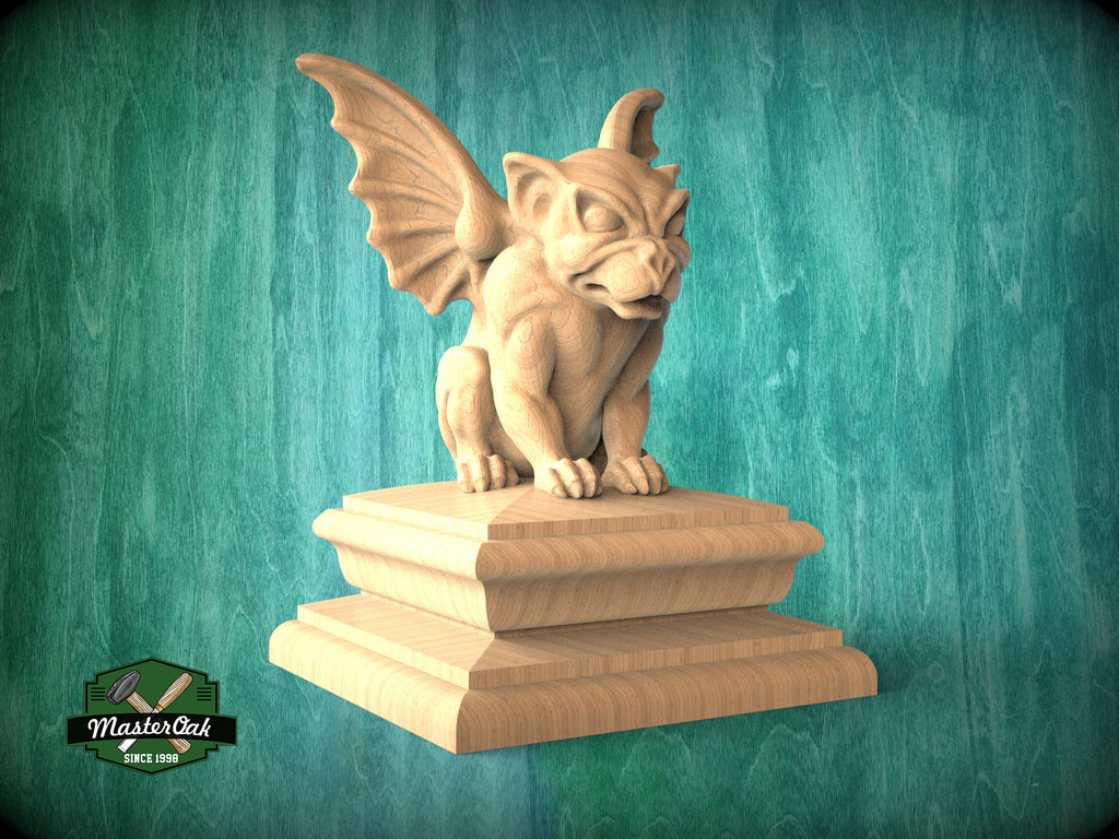 Handcrafted Wooden Gargoyle Sculpture on Tiered Base - Artisanal Gothic Guardian for Home DecorWooden Gargoyle statue cap