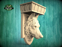 Load image into Gallery viewer, Wolf Head Corbel - Intricately Carved Wooden Wolf Shelf Bracket, Majestic Wolf Wall Accent for Rustic Interiors
