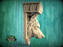 Load image into Gallery viewer, Wolf Head Corbel - Intricately Carved Wooden Wolf Shelf Bracket, Majestic Wolf Wall Accent for Rustic Interiors
