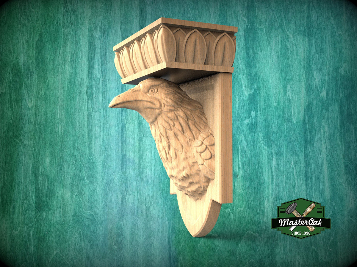 Raven Head Wooden Corbel - Exquisite Hand-Carved Shelf Bracket, Symbol of Wisdom, Gothic Wall Decor Crow