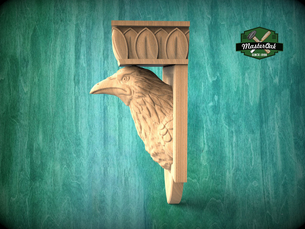 Raven Head Wooden Corbel - Exquisite Hand-Carved Shelf Bracket, Symbol of Wisdom, Gothic Wall Decor Crow