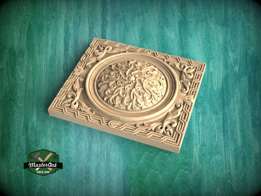 Rectangular Geometric Border Wooden Rosette with Central Filigree, 1 pc, Unpainted