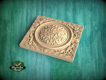 Load image into Gallery viewer, Rectangular Geometric Border Wooden Rosette with Central Filigree, 1 pc, Unpainted
