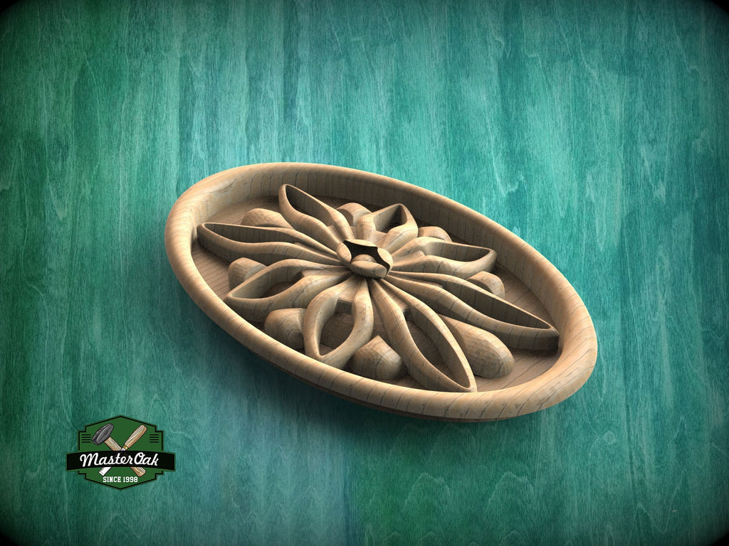 Oval Wooden Rosette with Geometric Petal Design, 1pc, Unpainted, Carved Onlay