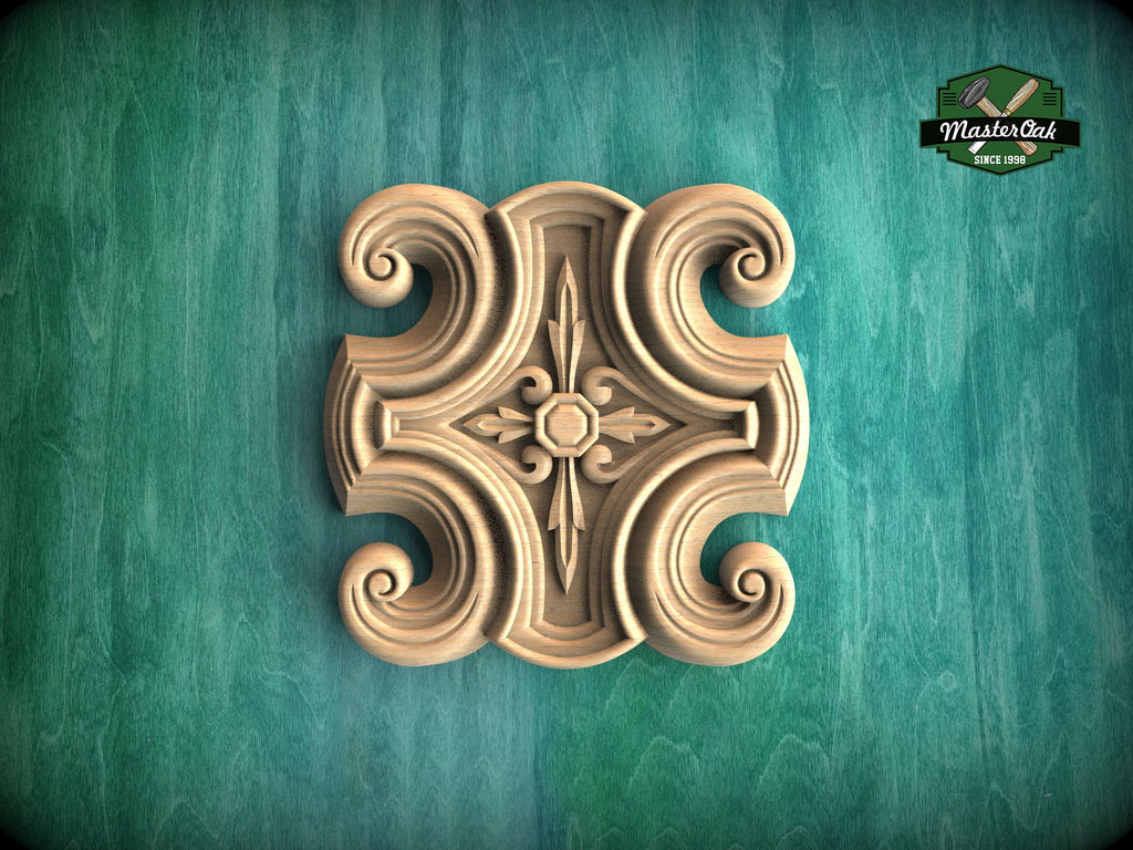Cross-Shaped Wooden Rosette with Scrollwork, 1 piece, Unpainted, Home Wall Embellishments, square wood onlays, wood wall art decor