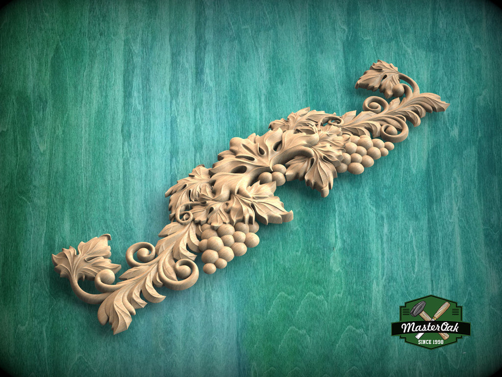 Harvest Symphony Wooden Carving, Grapes & Acanthus Ornament, 1pc, Unpainted, Carved Wood Applique for Fireplace Mantel