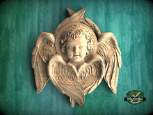 Load image into Gallery viewer, Cherubic Grace: Hand-Carved Wooden Angel, 1pc, Angel with wings, Carved Angel, religion decor, carved decoration of wood, wooden onlay

