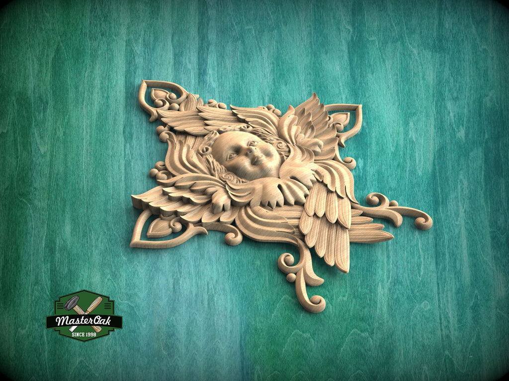 Celestial Grace: Artisanal Carved Angelic Visage, 1pc, Angel's wings, Carved Cherub, religion decor, carved decoration of wood, wooden onlay