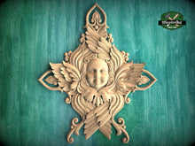 Load image into Gallery viewer, Celestial Grace: Artisanal Carved Angelic Visage, 1pc, Angel&#39;s wings, Carved Cherub, religion decor, carved decoration of wood, wooden onlay
