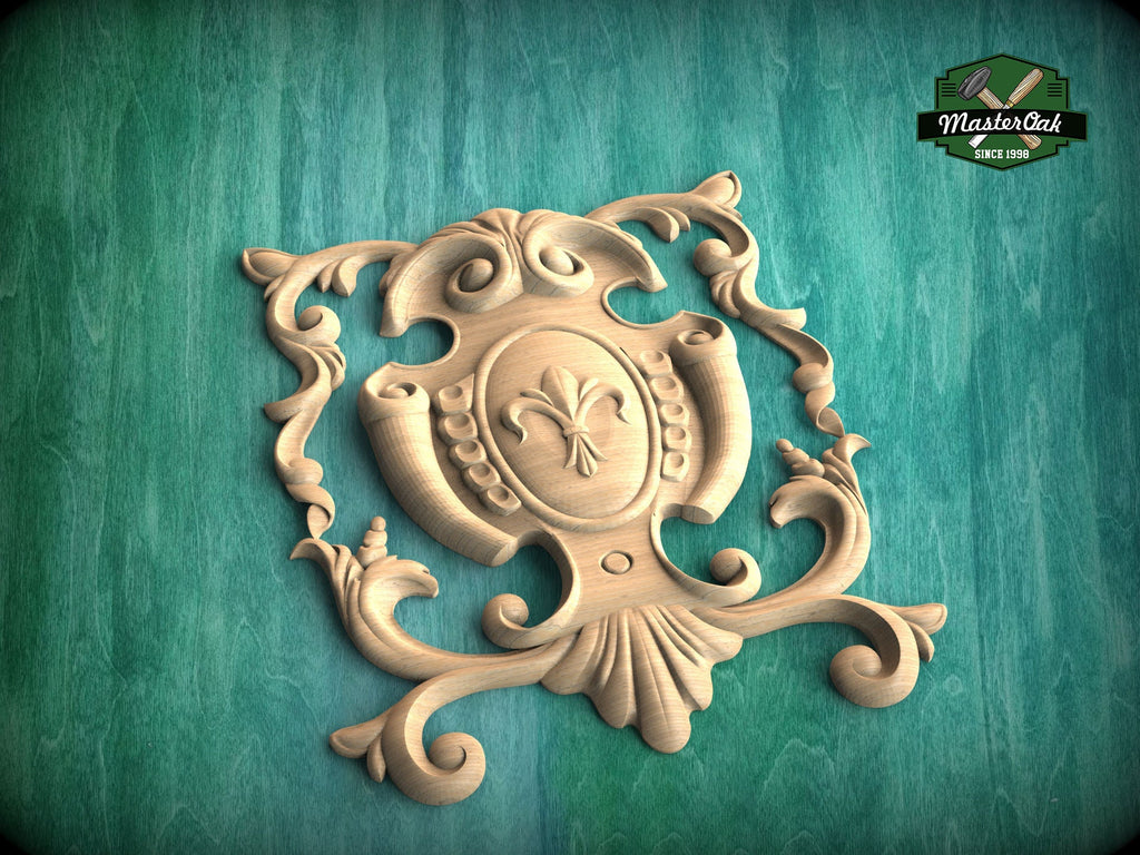 Heraldic Grace: Regal Fleur-de-Lis Wooden Onlay, Unpainted, 1pc, Home Wall Embellishments, Furniture Carving