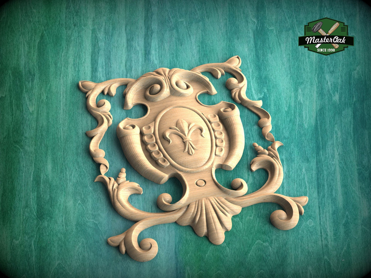 Heraldic Grace: Regal Fleur-de-Lis Wooden Onlay, Unpainted, 1pc, Home Wall Embellishments, Furniture Carving