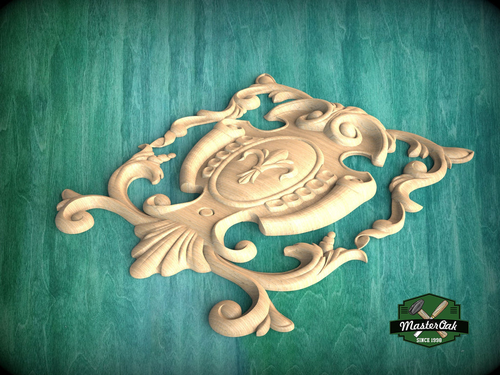 Heraldic Grace: Regal Fleur-de-Lis Wooden Onlay, Unpainted, 1pc, Home Wall Embellishments, Furniture Carving