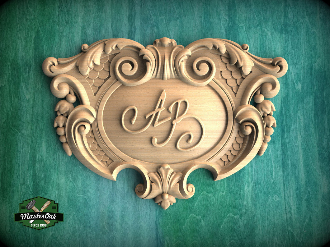 Monogrammed Elegance: Customizable Crest Wooden Onlay, Unpainted, 1pc, Home Wall Embellishments, Furniture Carving