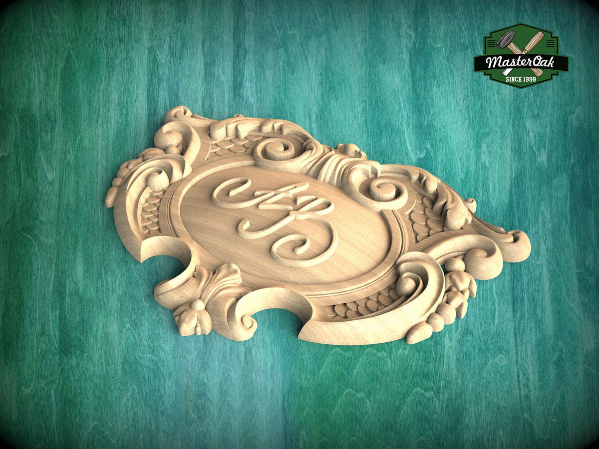 Monogrammed Elegance: Customizable Crest Wooden Onlay, Unpainted, 1pc, Home Wall Embellishments, Furniture Carving