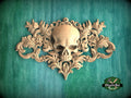 Baroque Reaper's Crest , 1pc, Horizontal wooden floral center onlay with skull, horizontal decor, carved decoration of wood, wooden onlay
