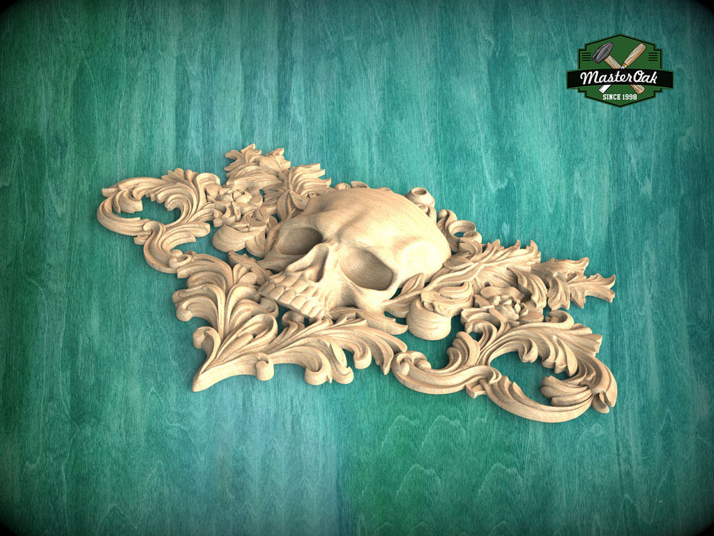 Baroque Reaper's Crest , 1pc, Horizontal wooden floral center onlay with skull, horizontal decor, carved decoration of wood, wooden onlay